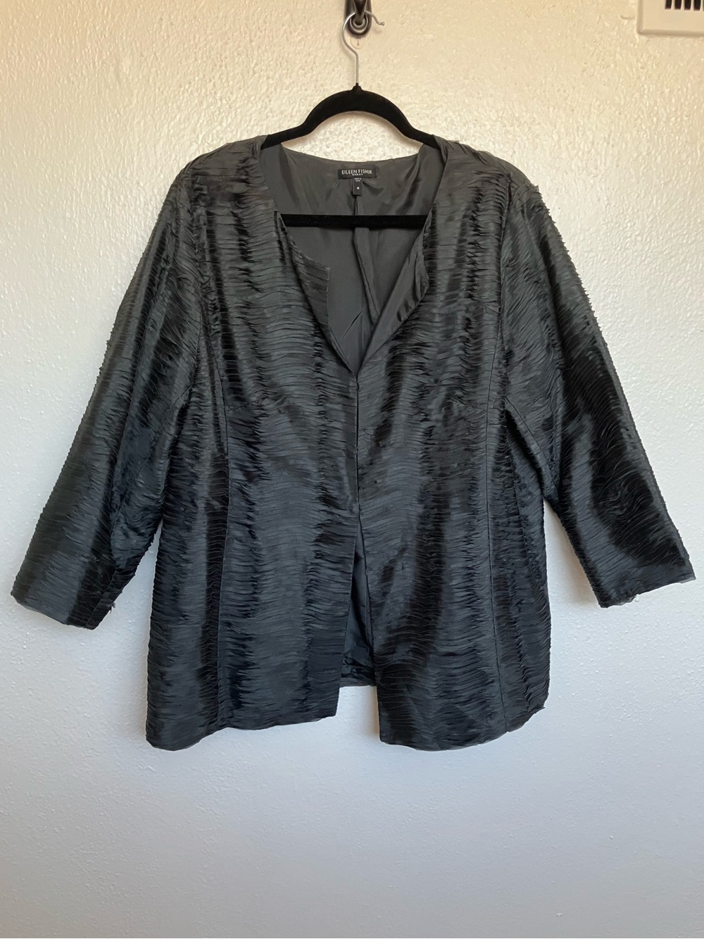 Eileen Fisher 100% Silk Ripple Bindu Jacket 1X Graphite Gray Needle Pleated Art